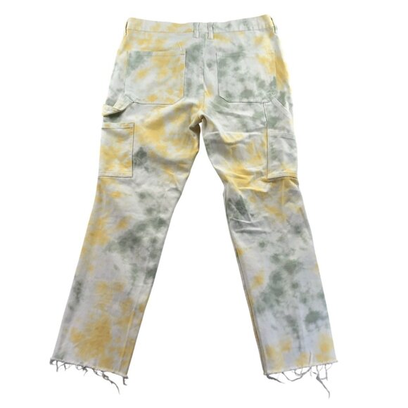 PacSun Mens Carpenter Pants 32 Yellow Cargo Tie-Dye Relaxed Fit Frayed Hem Y2K - Picture 2 of 13